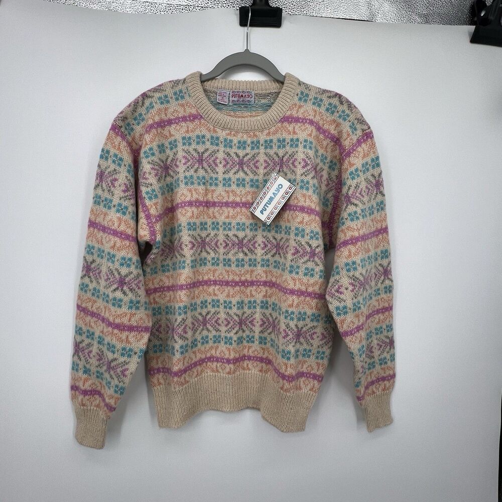 Vintage Putumayo Womens Fair isle Wool Sweater Sz M Crew Neck Colorful Ski Lodge